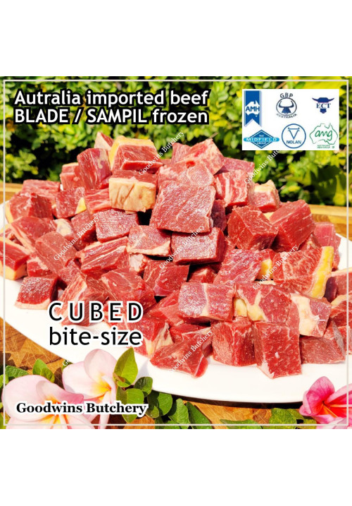 Beef BLADE Australia frozen daging sapi sampil CUBED-DADU RENDANG / CURRY BITE-SIZE 2cm 5/8" (price/pack 600g +/-50pcs) any brand in stock; GBP, WMPG, RALPHS or AMH